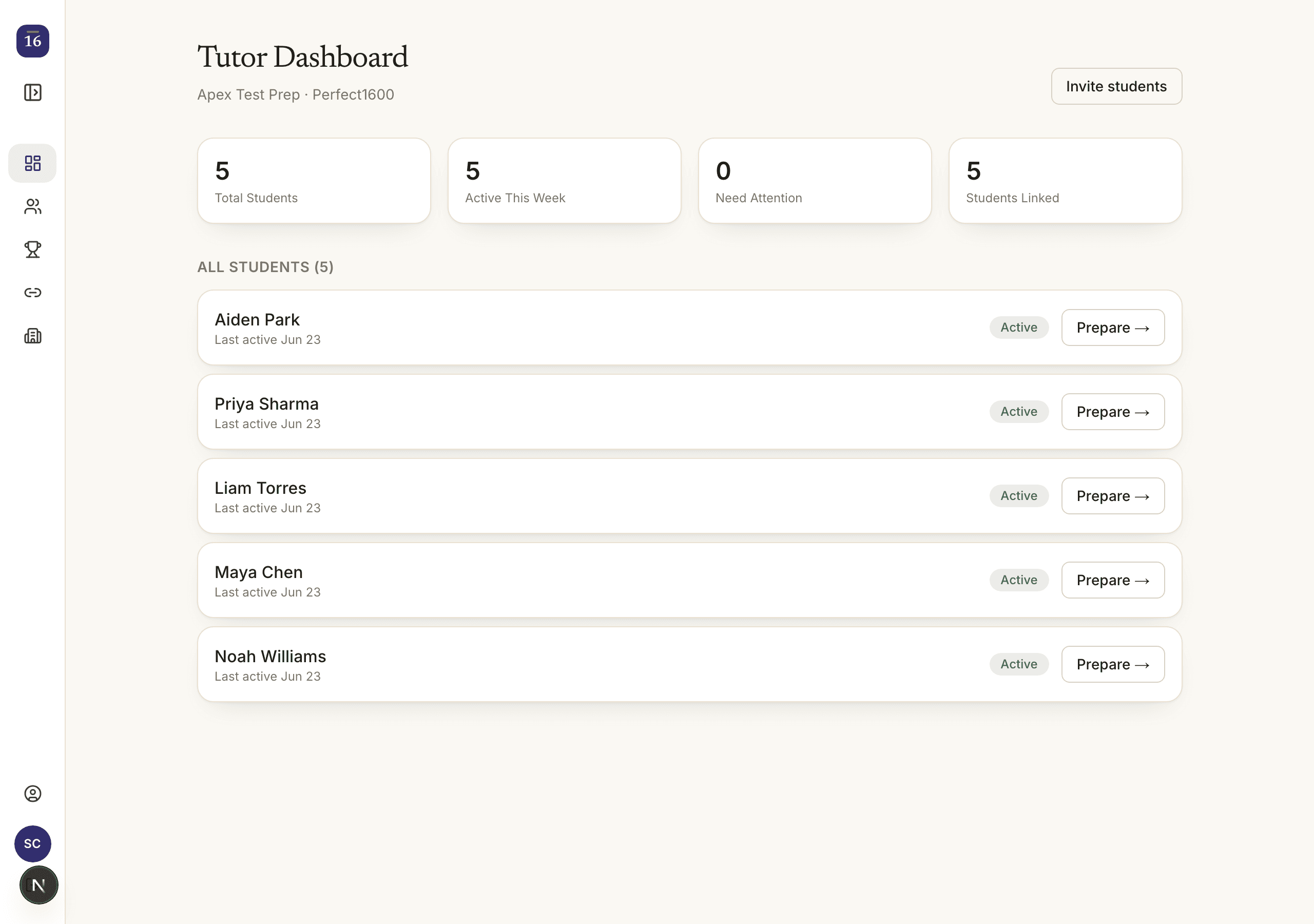 The tutor dashboard: every student at a glance with score estimates and one-click session prep.